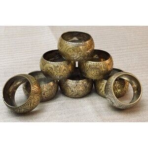 Lot of 8 Vintage Brass Napkin Rings – Etched Floral Design – Gold Tone, Patina